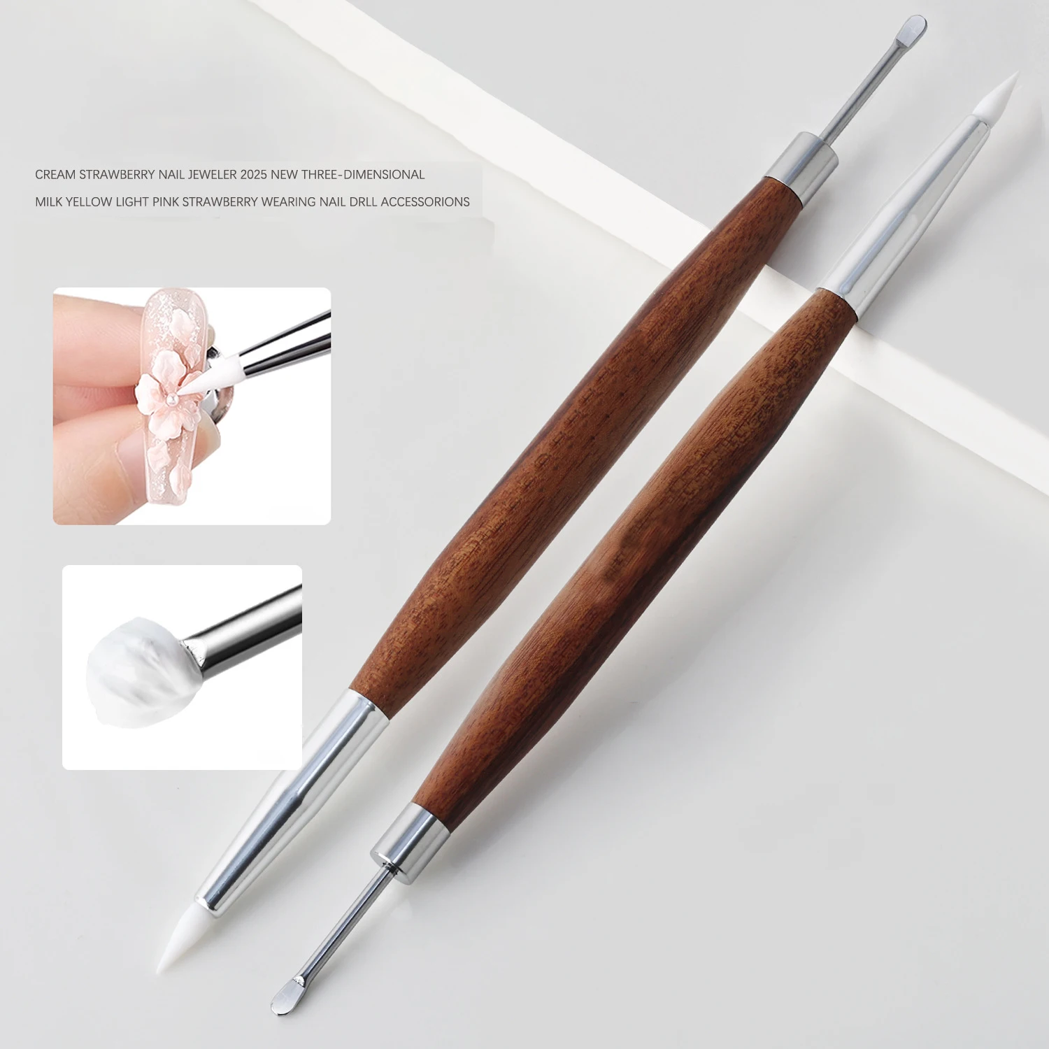 

2PCS Wooden Double Head Nail Art Brush Silicone Carving Pen Nail Supplies Carving Flower Painting Pen for Nail Art Tool