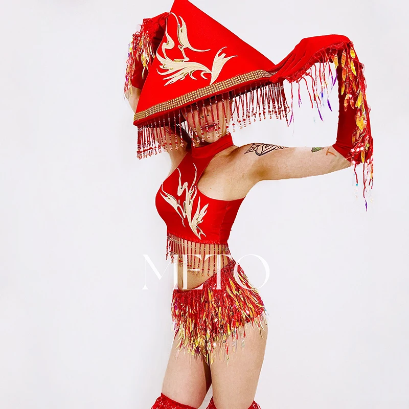 Strój Drag Queen Czerwony kostium taneczny na rurze Seksowna odzież tancerza Gogo Szorty z frędzlami Topy Odzież festiwalowa Ubrania imprezowe 2535