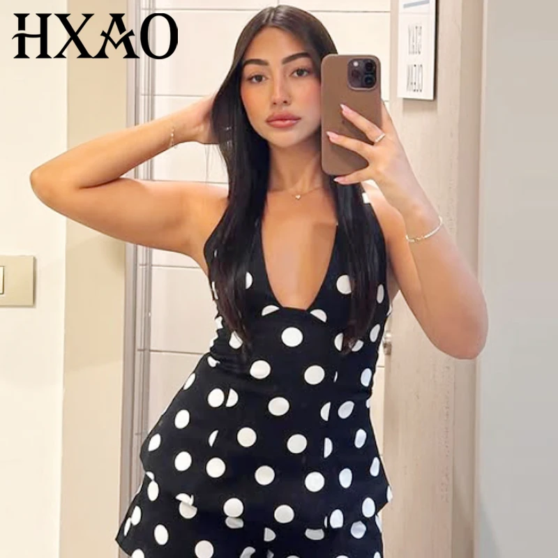 HXAO 2025 Damski Top typu Halter z Motylem, Seksowne Topiki i Koszulki na Ramiączkach, Gorset z Kokardą, Bluzki w Kropki dla Kobiet, Modny Bezrękawnik z Odkrytymi Plecami