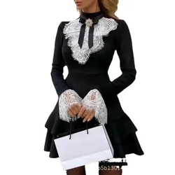 Women Dress Mini Dress Flare Sleeve Stand Collar Lace Ruffles Solid Gown Elastic Waist Tight Waist Spring VestidosVestidos