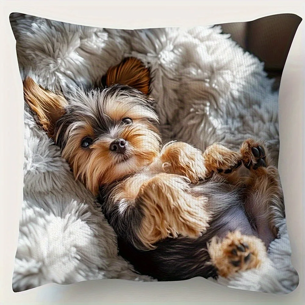 Cute Yorkie Puppy Print Double Sided Pillowcase, Adorable Dog Animal Decorative Cushion Cover for Home, Insert Not Included