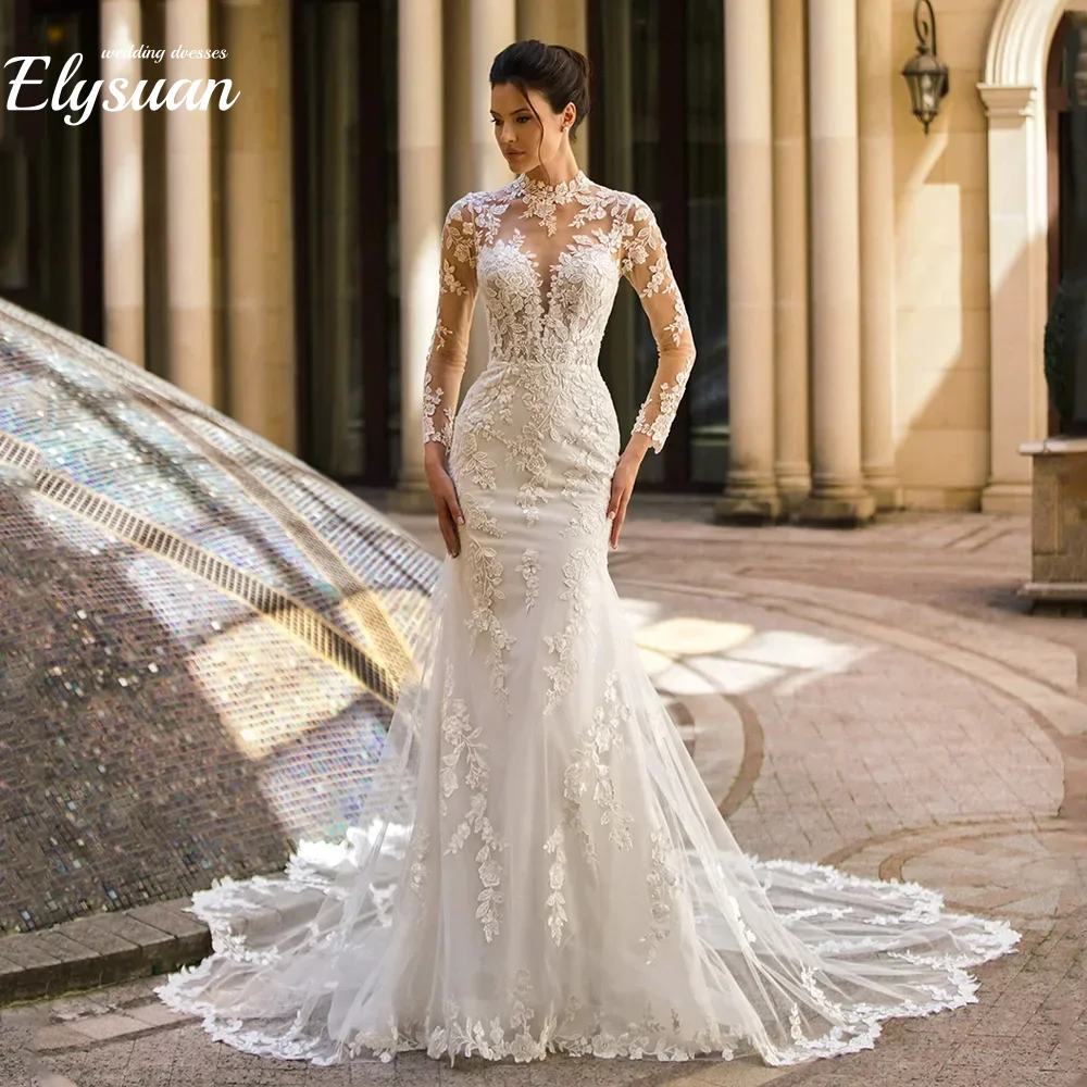 

Индивидуальное Новое Романтическое Свадебное Платье-Русалка с Высоким Воротником, Пуговицами, Длинными Рукавами, Великолепными Аппликациями и Шлейфом-Трубой