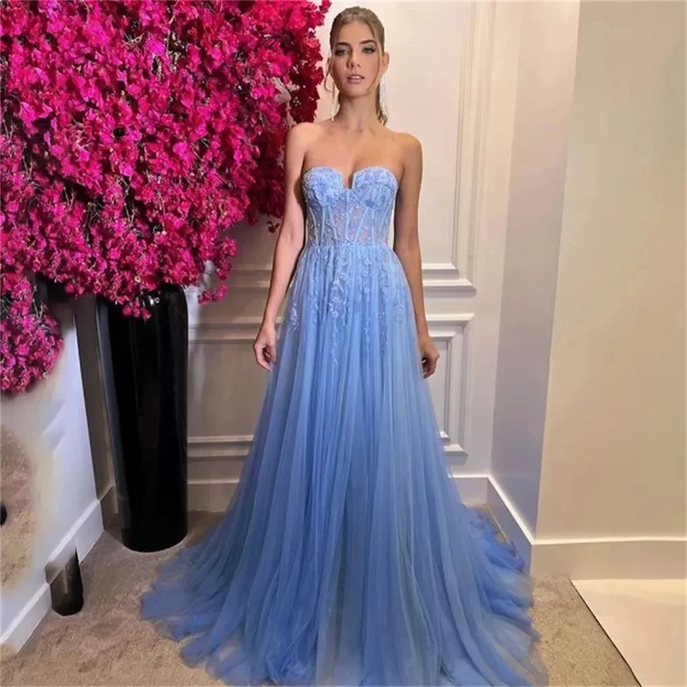 

Tulle Blue Prom Dress Sweethear Strapless A-Line Floor-Length Women Wedding Evening Party Dress Zipper Back New Bridesmaid dress