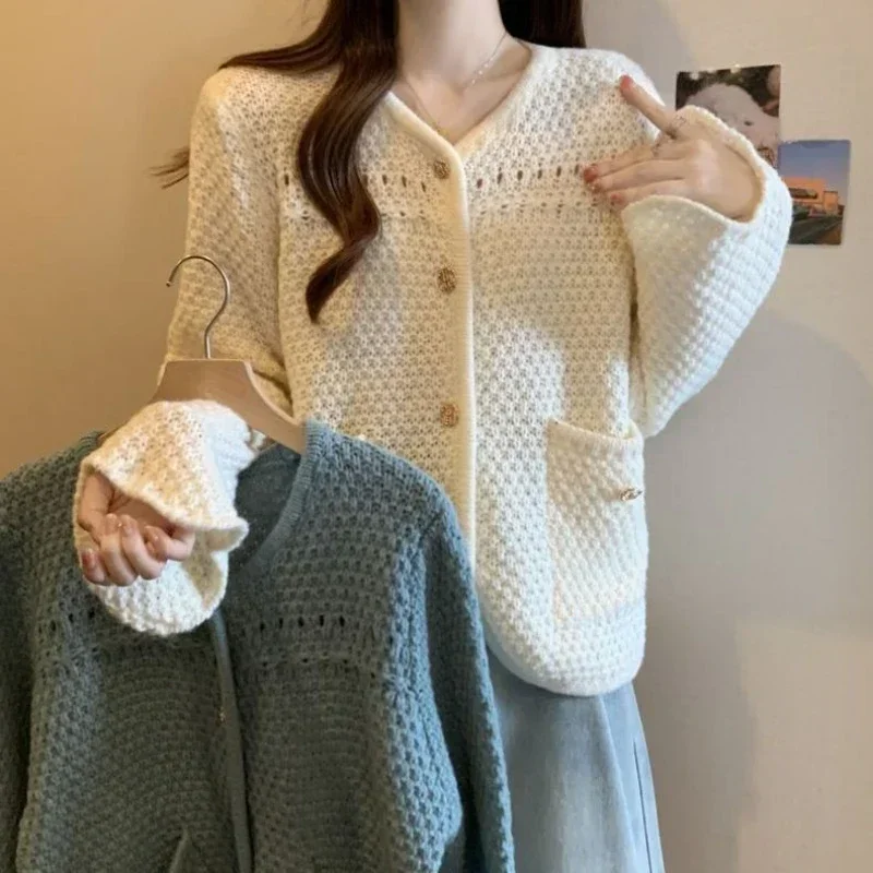 Knitted Top for Women Mesh Cardigan Ladies Sweaters Cute Kawaii Blue Clothing Trend 2024 Winter Thermal Blouse Y2k Vintage Cold