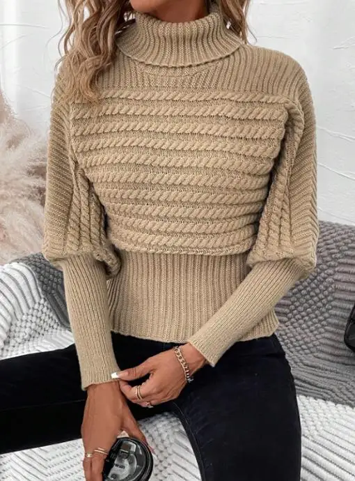 

Сплошной цвет, усадочный тонкий вязаный свитер с высоким воротом и талией, зимний женский элегантный вязаный свитер с длинными рукавами и жареным тестом