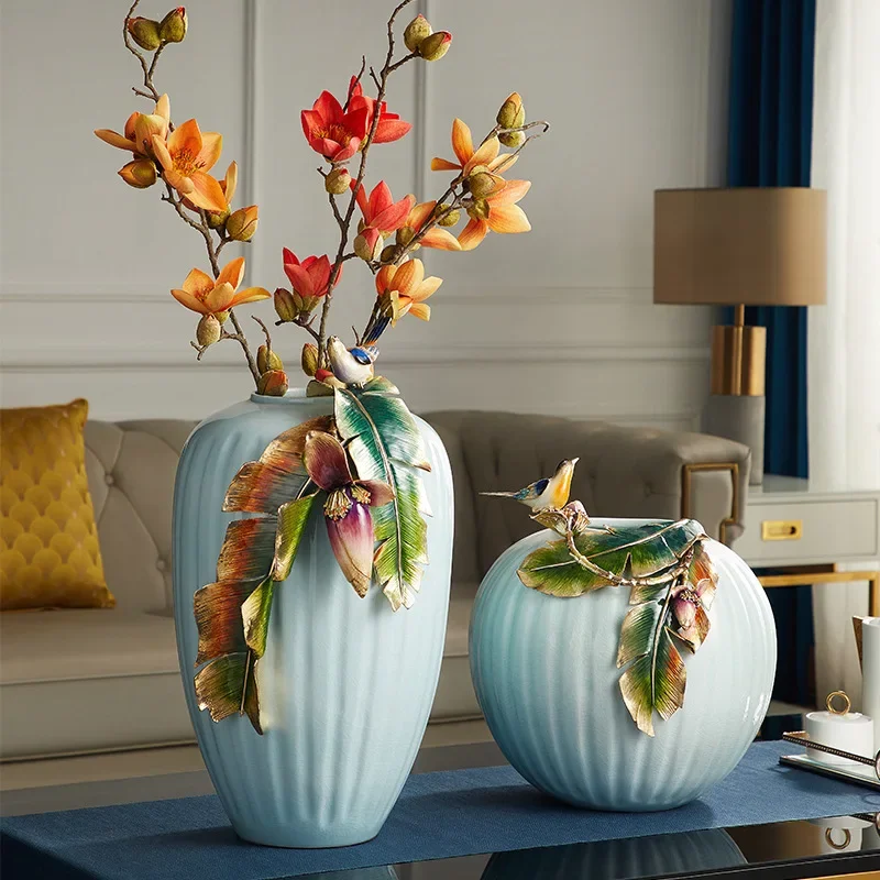New Chinese-style ceramic dried vase, light luxury vase ornament, home living room desktop decoration, creative enamel