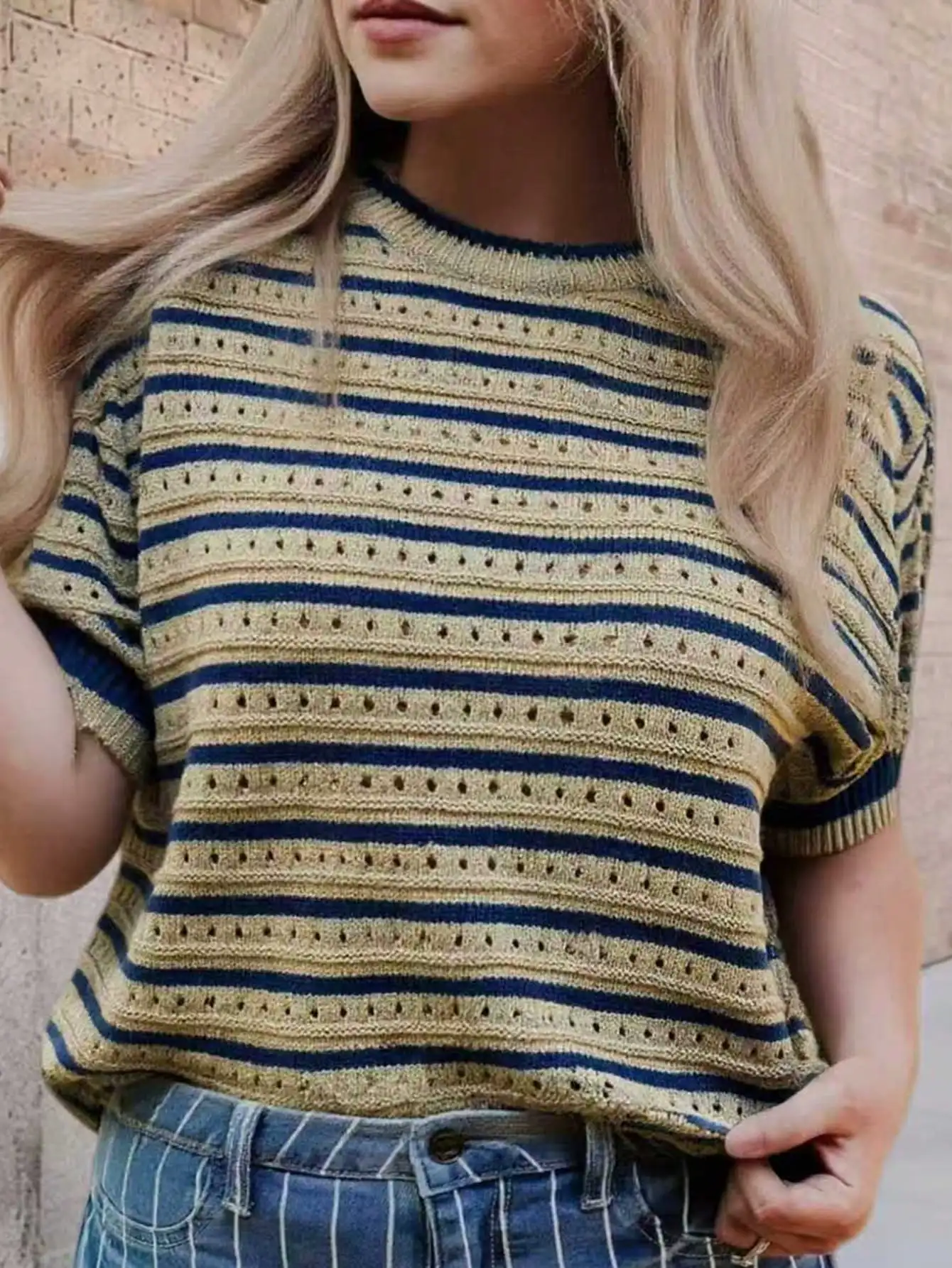 

Plus Size Women's Casual Striped Color Block Hollow Out Crew Neck Short Sleeve Knit Pullover, Perfect for Summer Wear