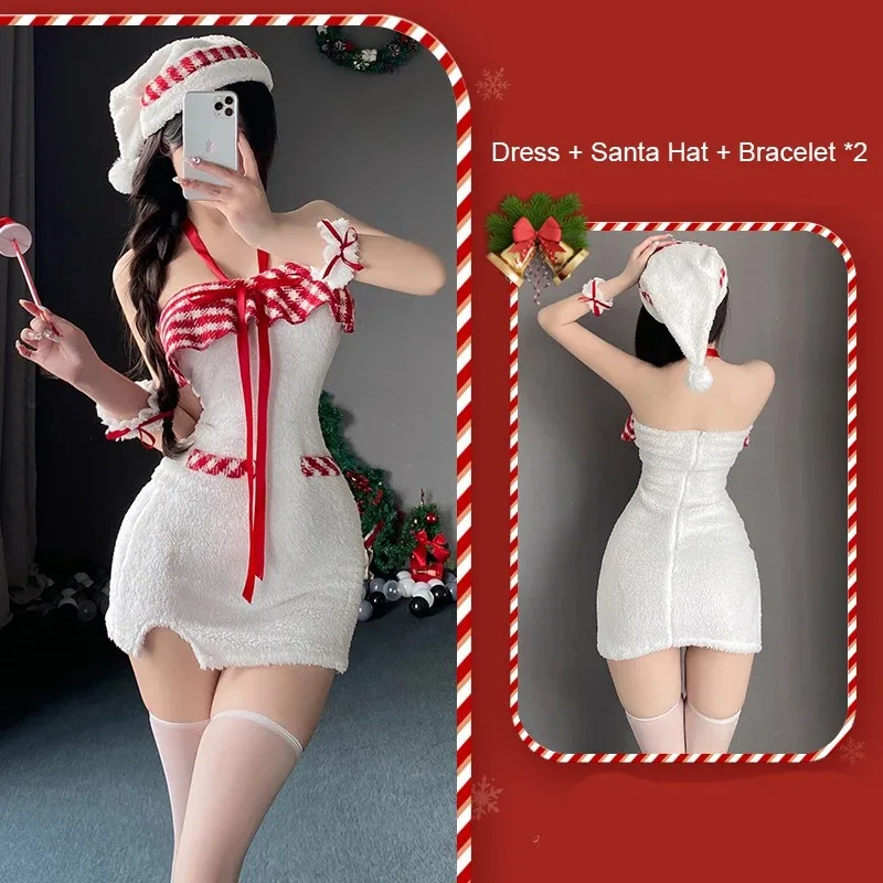 

White Women Christmas Cosplay Costumes Vintage Holiday Party Plush Fur Sexy Halter Skinny Pencil Dress New Year Maid Mini Dress