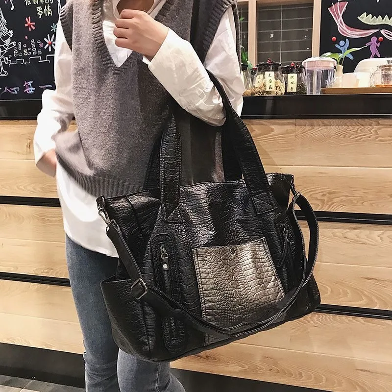Handbag Shoulder Crossbody Tote Retro PU Crocodile Lines Large Capacity Casual Travel Bag Personality Trendy Shopping All-match