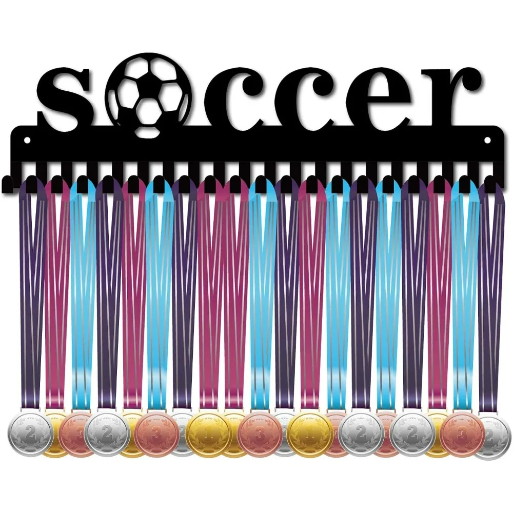 Medal Holder Display Hanger Rack Sports Soccer Metal Wall Mount with 20 Hooks for Race Football Runner Players Gymnastics