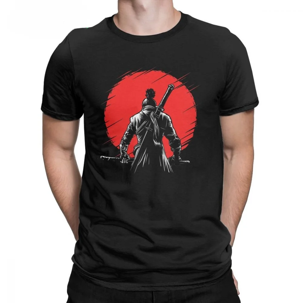 Men 100% Cotton T Shirt Samurai Game Japanese Short Sleeve Tee Shirt One-armed Wolf Red Sun Sekiro Shadows Die Twice T-Shirt X