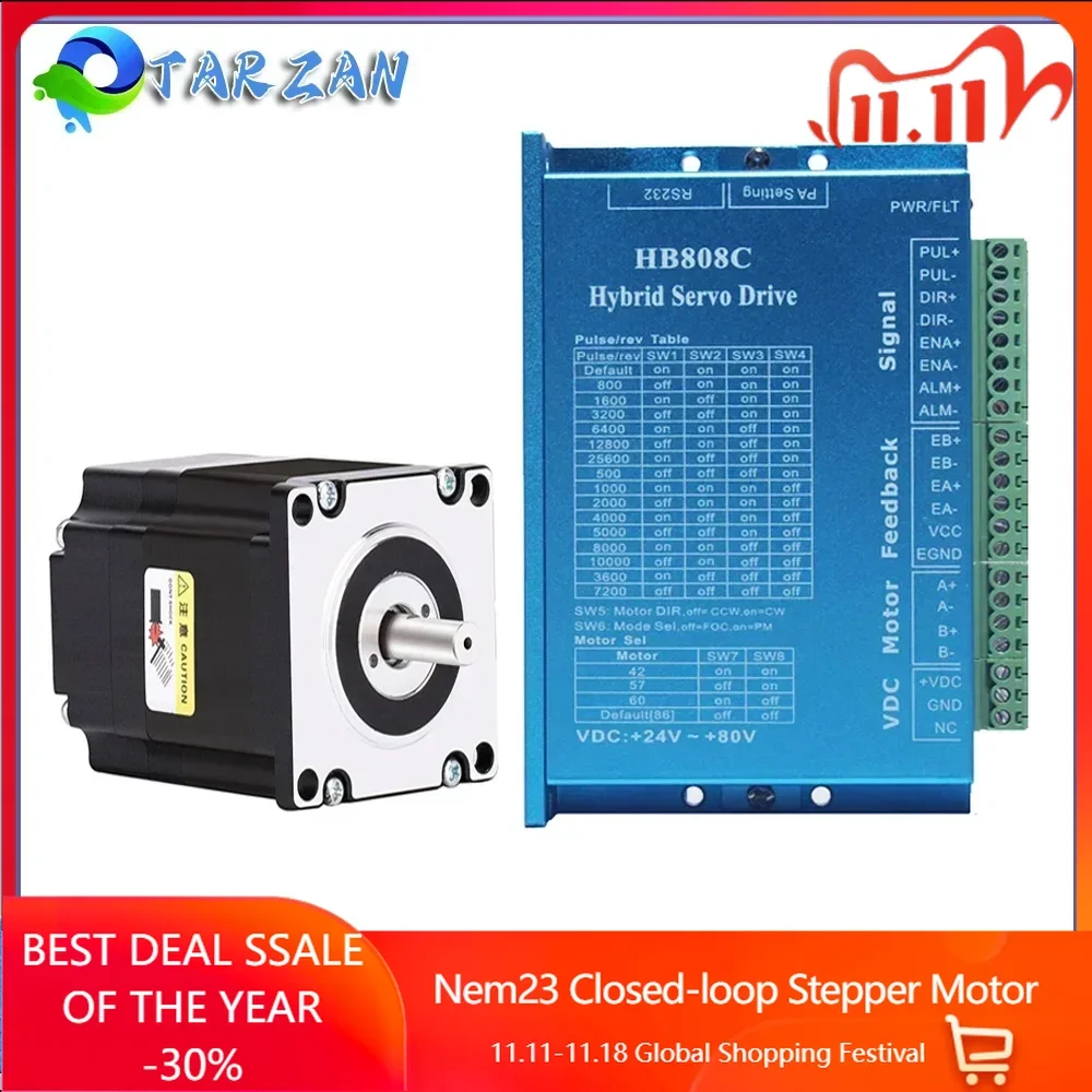 Nem23 57mm Closed-loop Stepper Motor 1.2Nm /2Nm /3Nm 4A 2PH Shaft 8mm With Encoder Hybrid Servo Driver HB808C 3M Cable For CNC