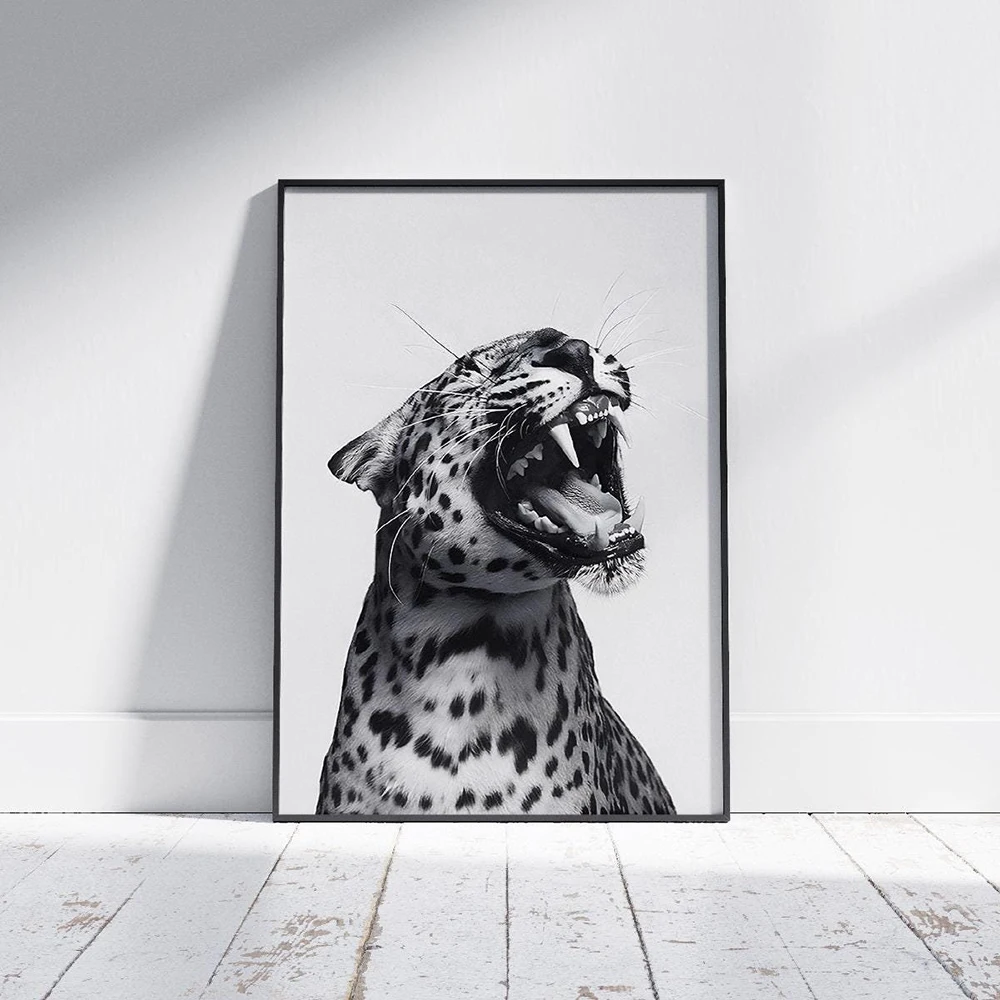Fashion Stylish Wall Art Print Trendy Leopard Roar Poster Black and White Photo Animal Home Decor Canvas Painting