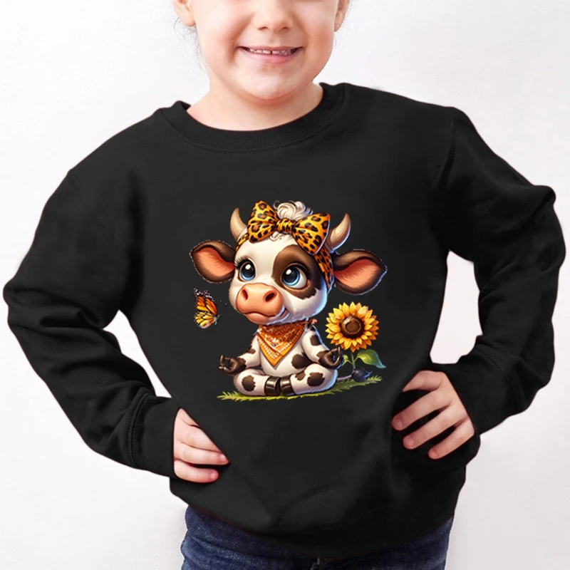 Cute Leopard Bow Cow Print Sweatshirt Kids Cartoon Butterfly Sunflower Long Sleeve Hoodie Boy Girl Highland Cow Pullover Clothes