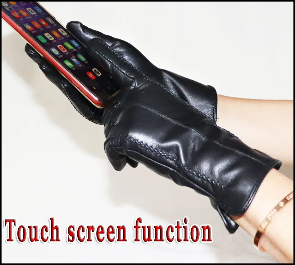 Leather gloves women's sheepskin flannel lining winter warmth high-grade black touch screen color leather gloves driving new