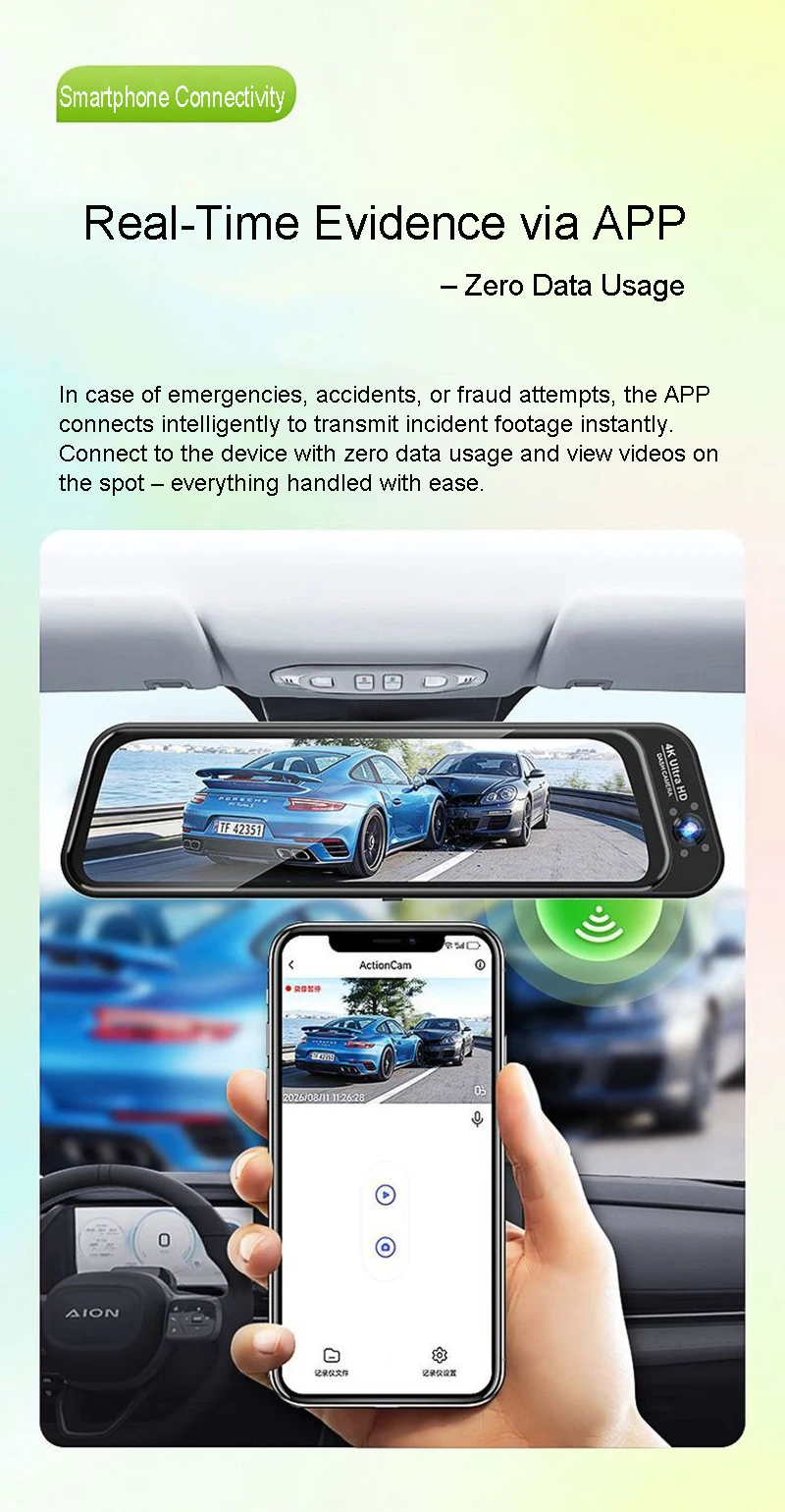 4K 3CH Dashcam Fisheye Weitwinkel Streaming 24H Parkmodus APP-Steuerung Nachtsicht Bewegungsmelder G-Sensor Schleifenaufnahme Auto-DVR – Detail 5