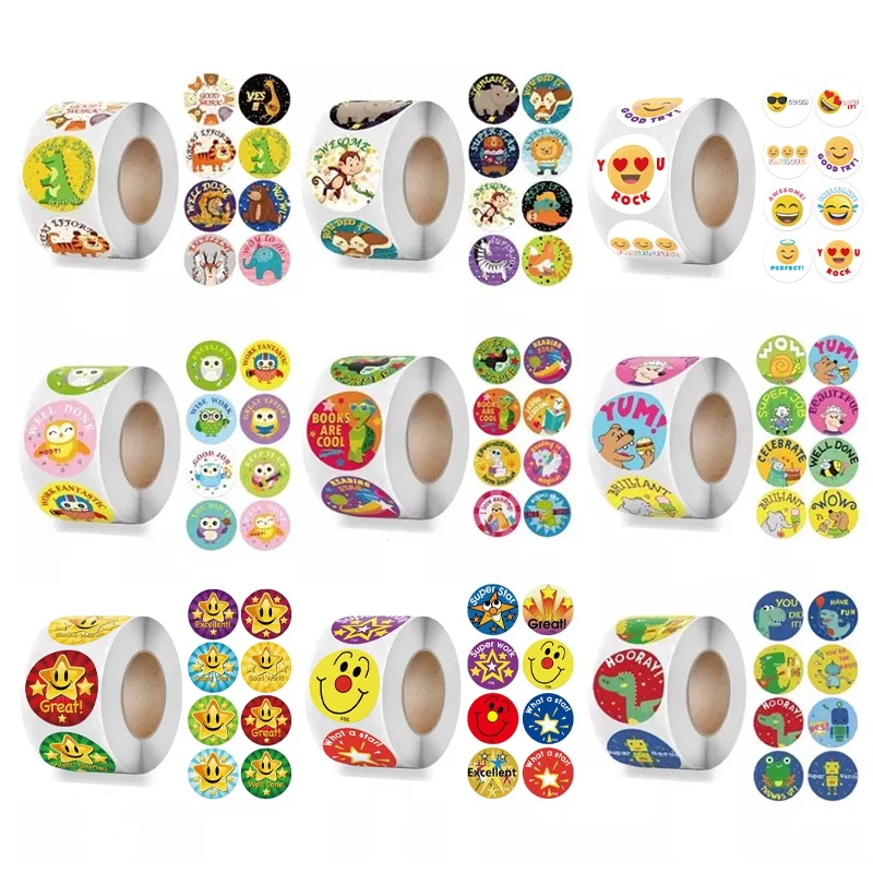 

500pcs Round Reward Stickers for Students Teachers Encouragement Sticker Roll Kids Motivational Stickers with Cute Animals