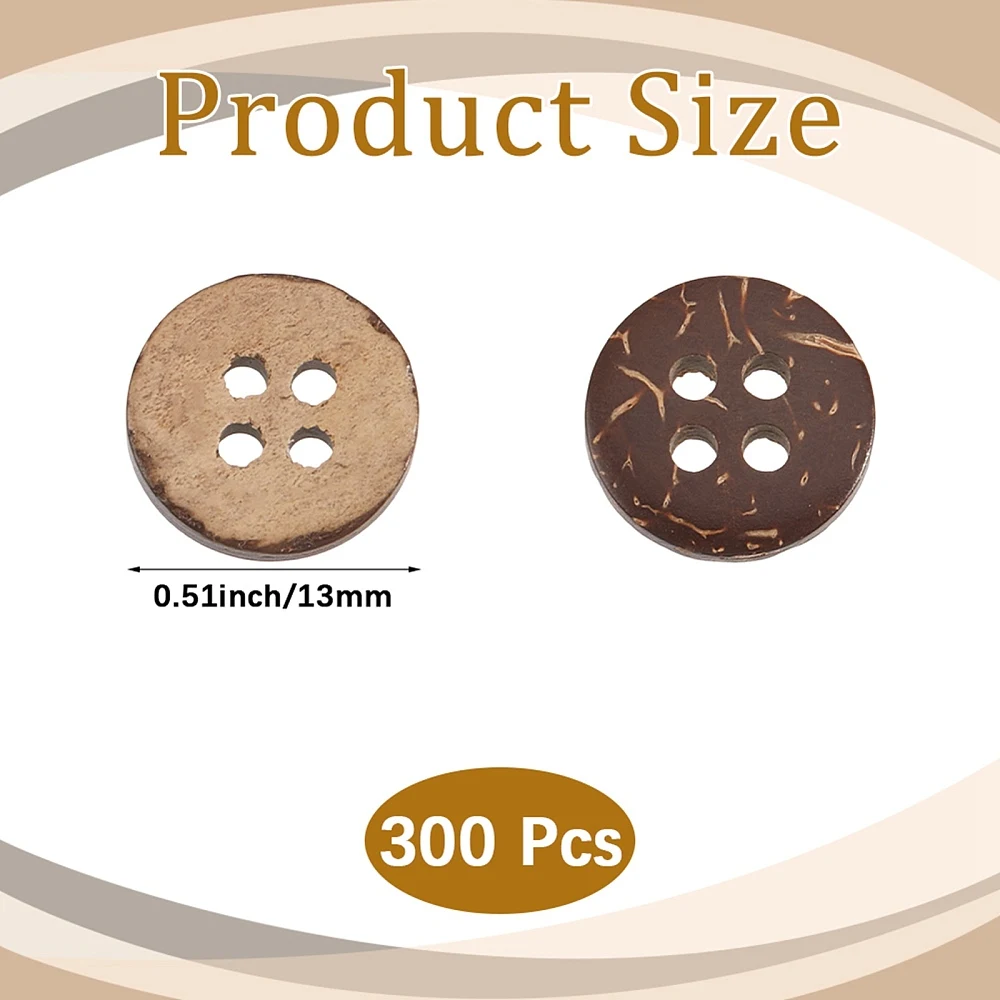300Pcs Coconut Shell Sewing Buttons 2-Hole Brown Craft Button 13mm