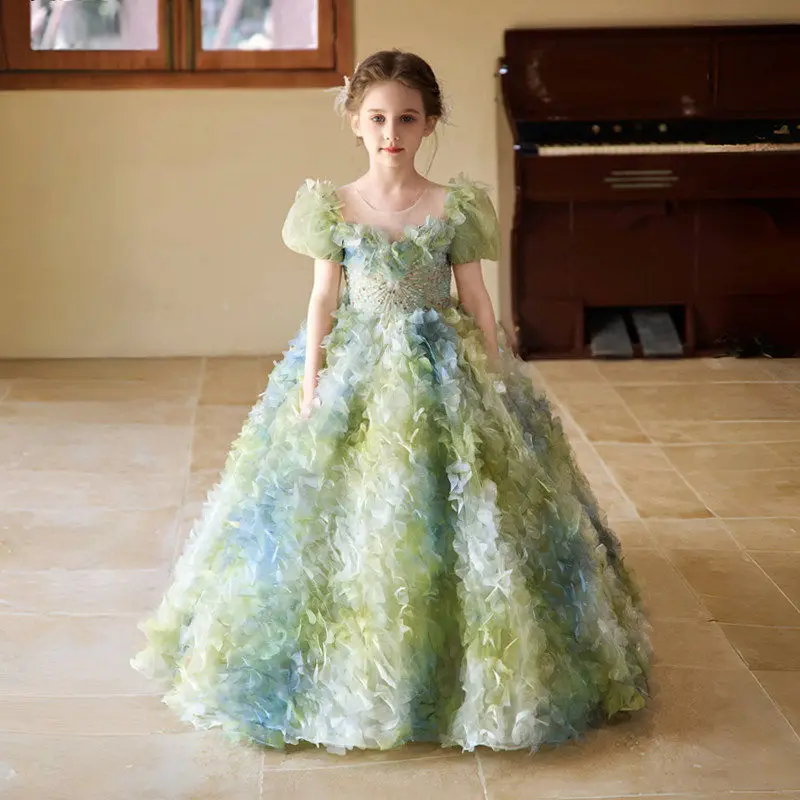 Girls Green Blue Tulle Ball Gown Puff Sleeves Formal Children Girl Dresses Princess Pageant Dress For Birthday Wedding Party