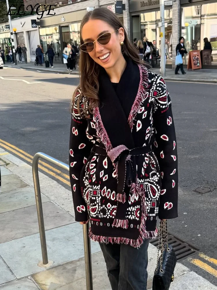 Elegant Knit Jacquard Tassel Belt Cardigan Women Lace Up Lapel Long Sleeve Warm Sweater 2026 Autumn Winter Lady Knitwears New Elegant Knit Jacquard Tassel Belt Cardigan Women Lace Up Lapel Long Sleeve Warm Sweater 2026 Autumn Winter Lady Knitwears New