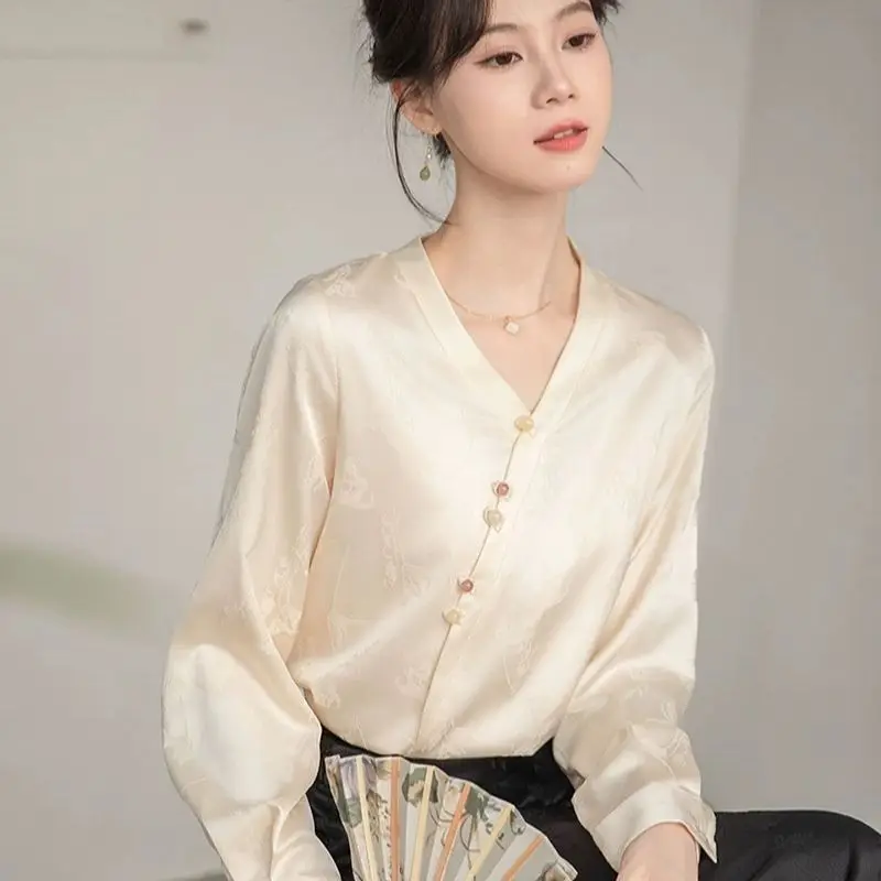 

Spring Autumn Long-sleeved Tops for Women New Chinese Style V-neck Elegant and Fashionable Coat Traditional Shirt Triditional