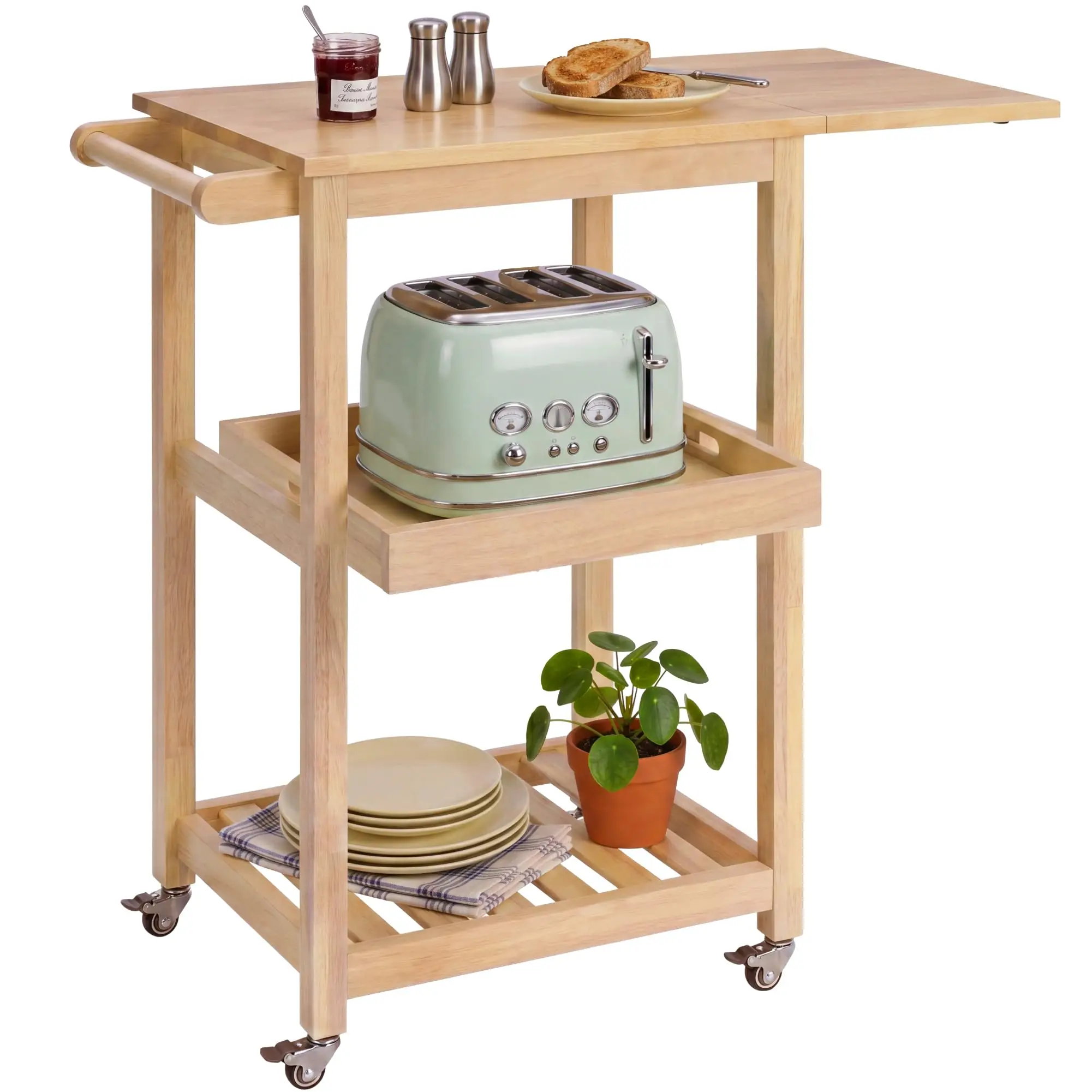 Rolling Kitchen Island Cart W/Shelves, Drop Leaf Extension, Towel Rack, Locking Caster Wheels, Butcher Block Food
