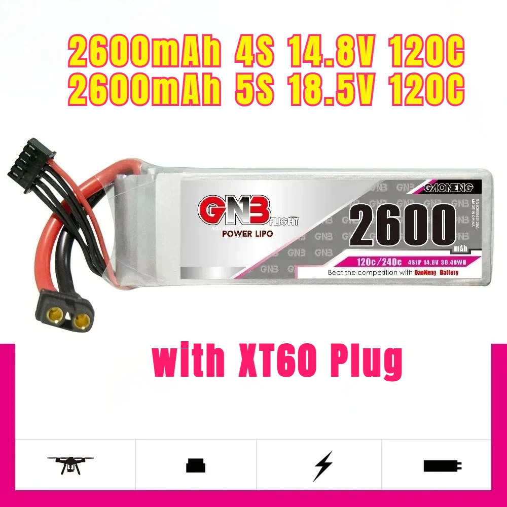 

4S 14.8V/5S 18.5V 2600mAh 120C Lipo Battery for RC Car Boat Helicopter FPV Drone with XT60 Plug