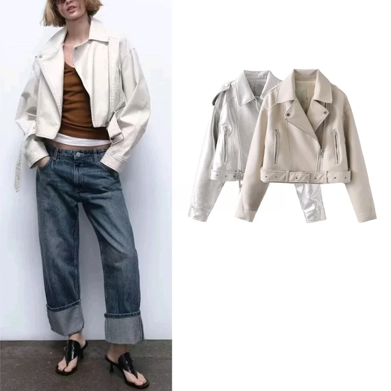 جديد الخريف المرأة طويلة Sve بولي Leather الجلود الطيار Jaet معطف الوجه طوق سستة Sle فضفاضة تناسب ألياف البوليستر تخفيف Sle