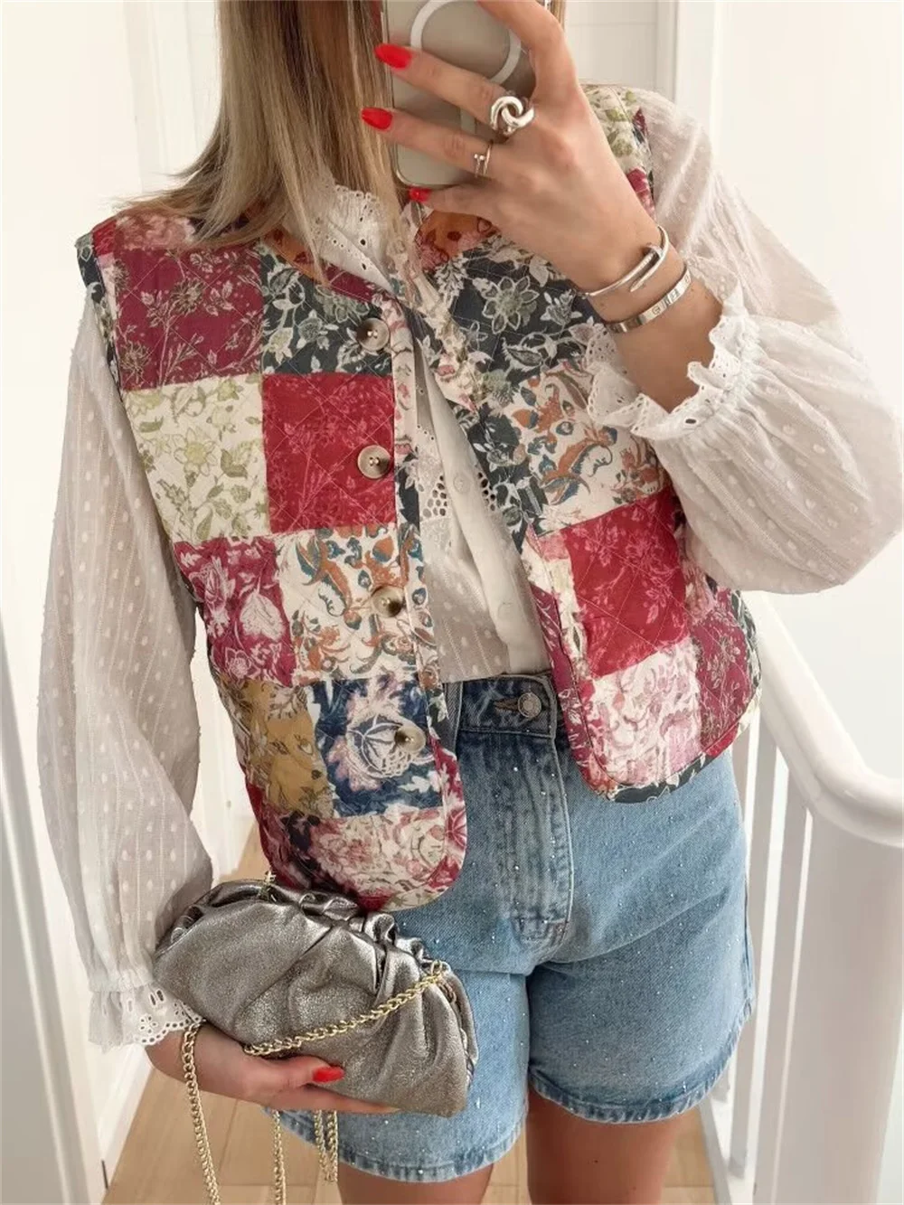 

Women Floral Printed Patchwork Vest Autumn Vintage Sleeveless Single Breasted Waistcoats Female Streetwear Tops