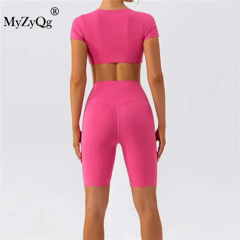 MyZyQg Summer 2 Pcs Yoga Shorts Set Short Sleeve T-shirts Beauty Back Running Quick Dry Sports Two Piece Suit Shorts Leggings