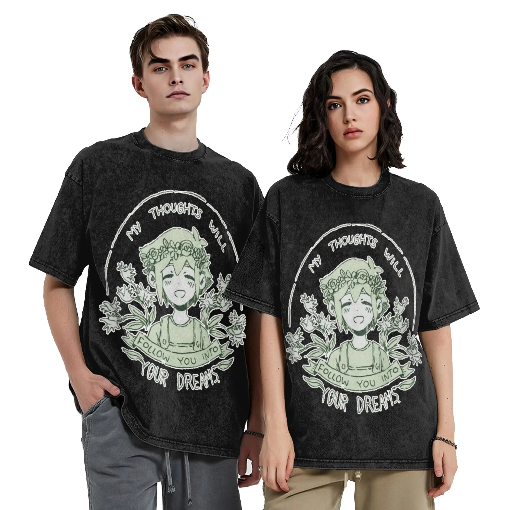 Omori My Thoughts Will Follow You Into Your Dreams Basil Washed T Shirts Streetwear Hip Hop T-Shirts Tee Shirt Men Women 100%