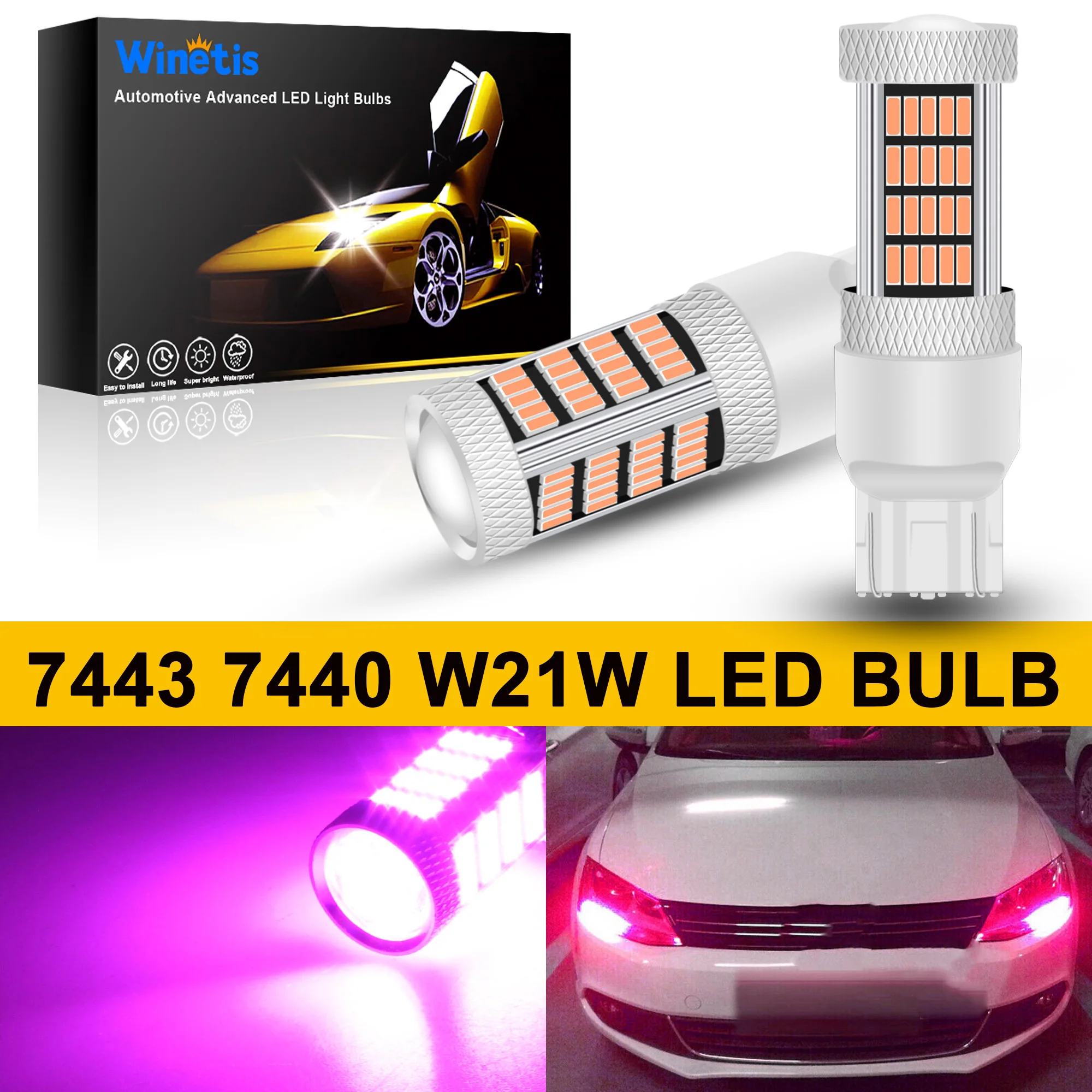 

Winetis 2X LED Daytime Running Signal Lights Bulb 7443 7440 T20 7440A Bright Pink/Purple 7441 7444 7444NA W21W LED DRL Bulbs