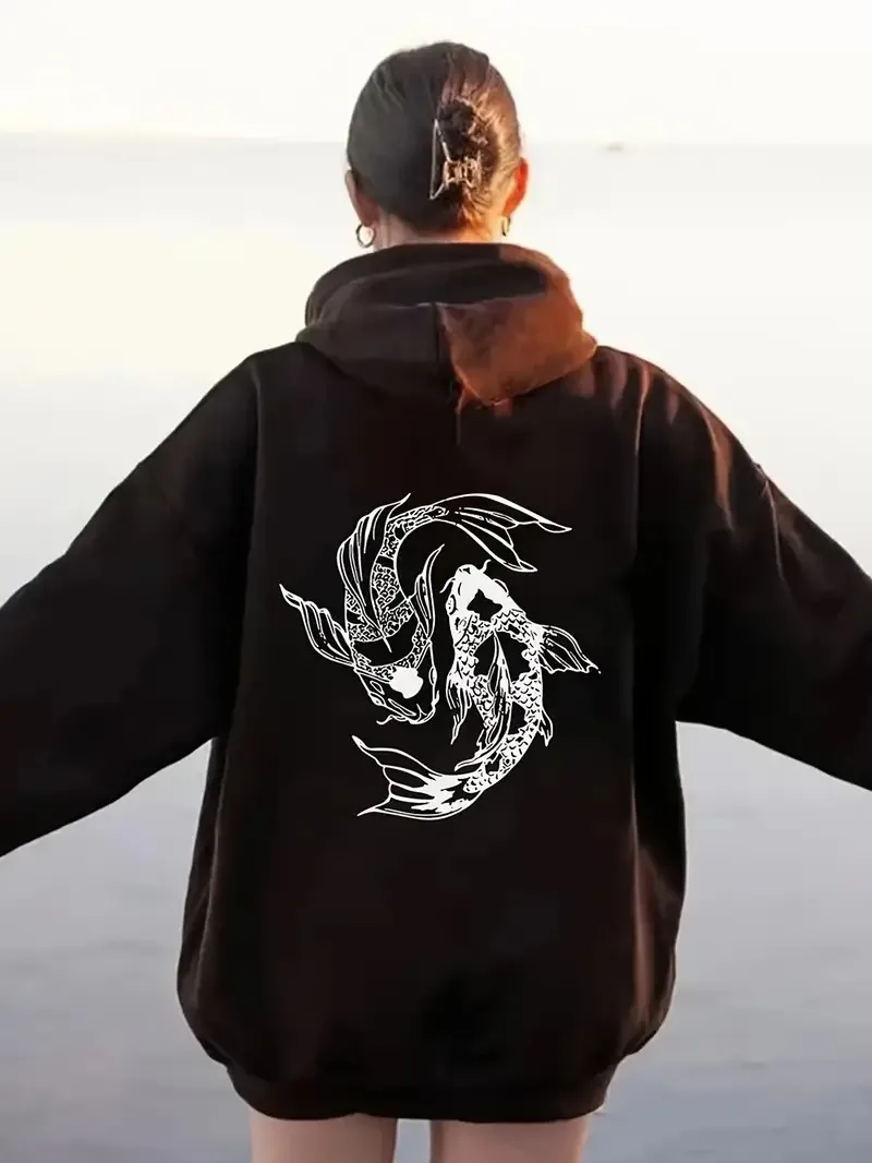 

Осенне-зимняя толстовка из чистого хлопка с графическим принтом рыбы кои в китайском стиле для мужчин и женщин, уличные спортивные тренировки на открытом воздухе