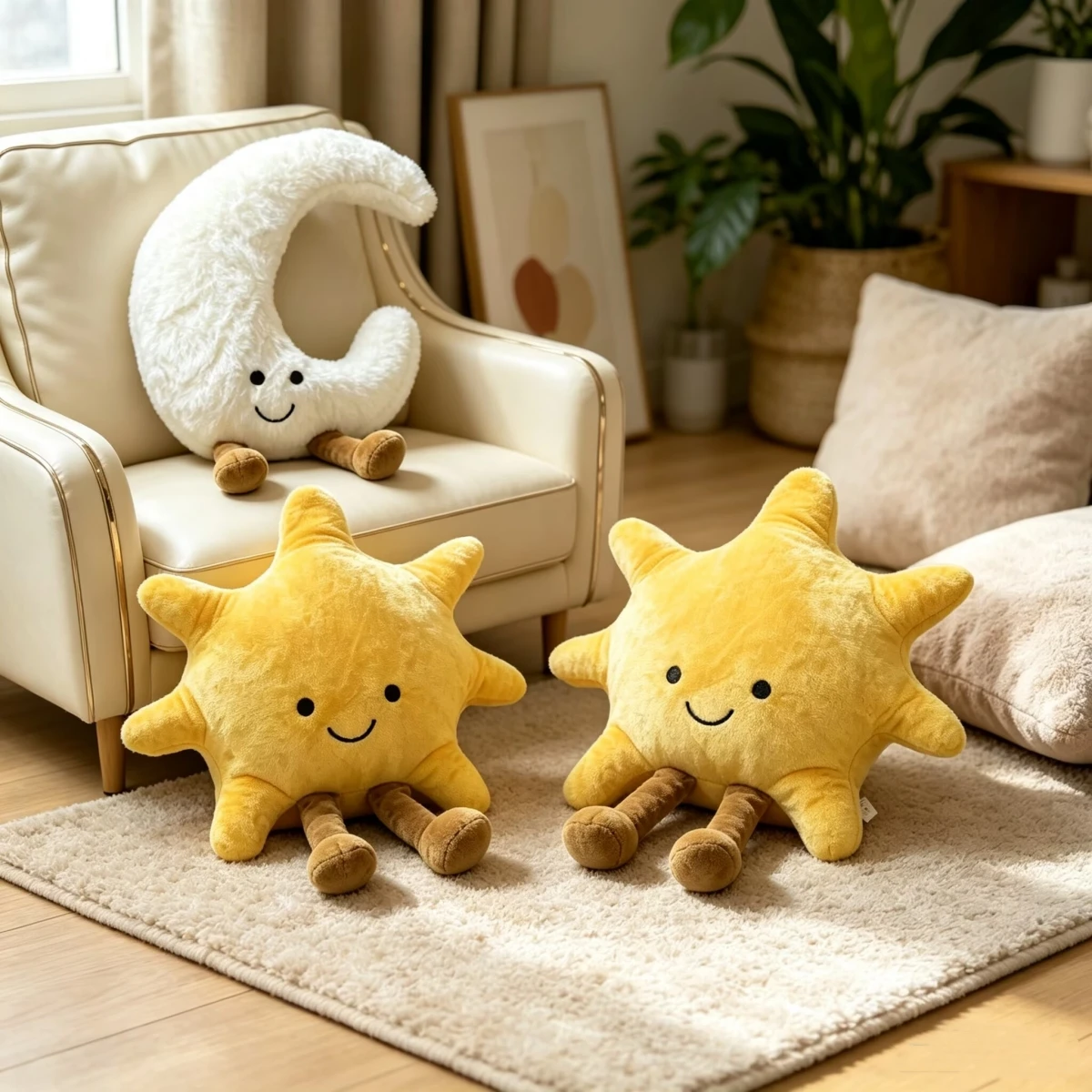 Adorable Smile Face White Moon Yellow Sun Plushie Stuffed Cute Cartoon Weather Plush Toy for Kid Bedroom Decor Sofa Throw Pillow