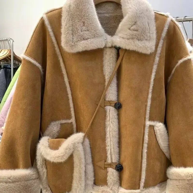 Integrated Fur And Plush Loose Winter Coat Women's 2025 New Thicken Patchwork Warm Fluffy Coat Stand Collar Outerwear