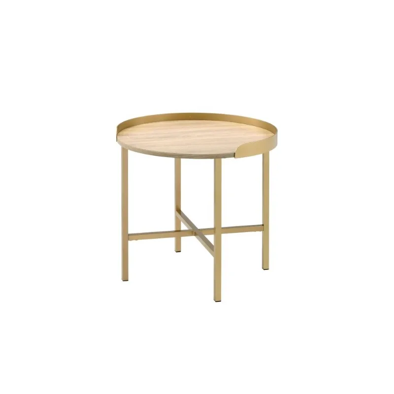 Round Coffee Table with Light Wood Top Gold Metal Frame Modern Living Room Center Table Home Furniture for Decor and Daily Use