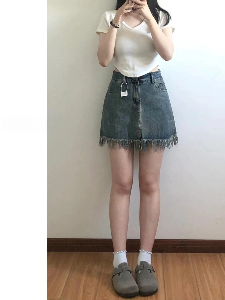 Dżinsowa spódnica w stylu retro z frędzlami, wysoki stan, damska, jesienna, plus size, zakrywająca brzuch, wyszczuplająca, duży rozmiar, spódnica w kształcie litery A.