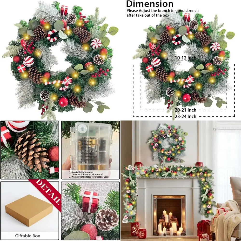

24 Inch Lighted Christmas Wreath - Red and White Door Decoration with Ball Ornaments for Festive Season