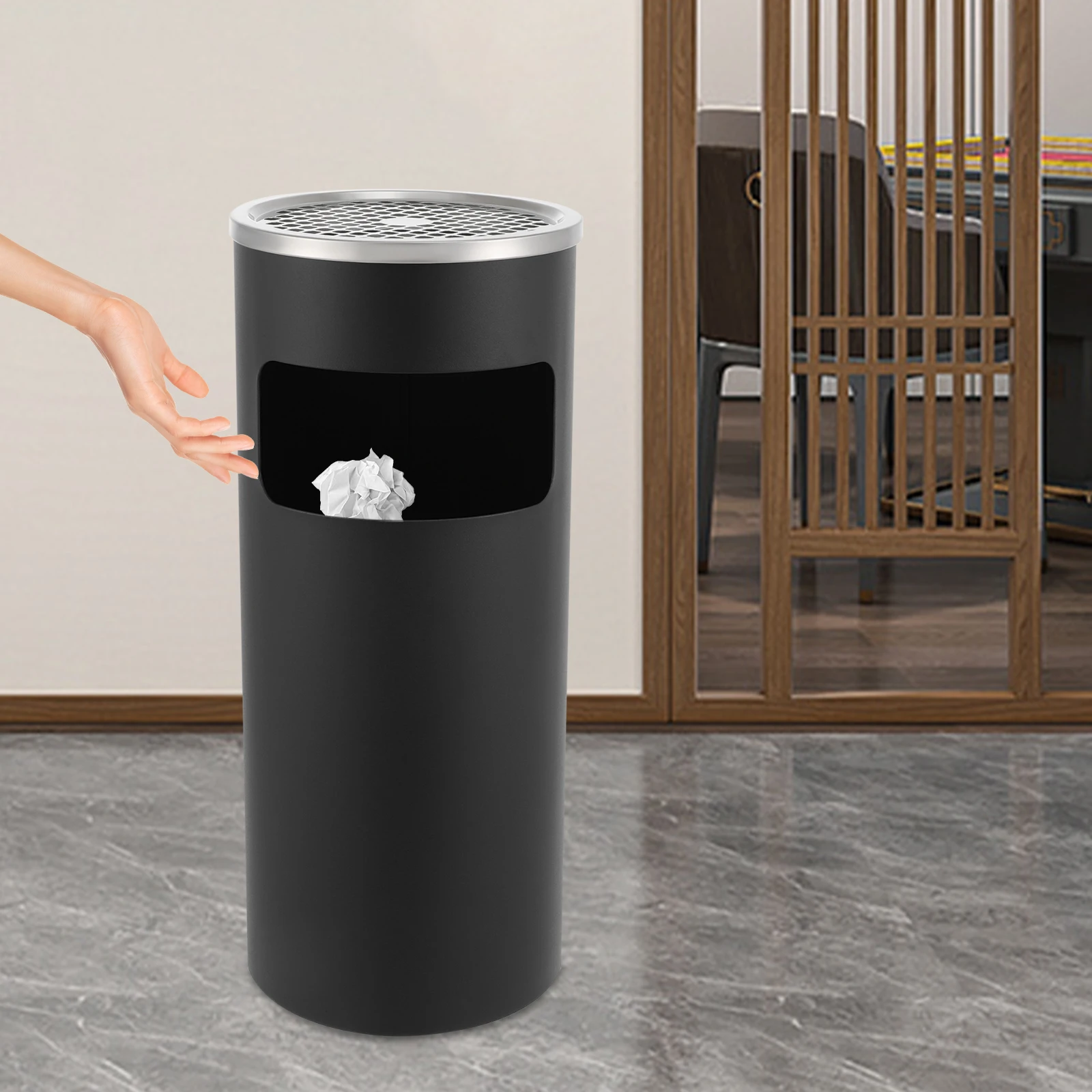 Poubelle noire moderne sur pied 15L/3,3Gal équipée d'un panneau d'extinction en maille pour les espaces publics, les maisons