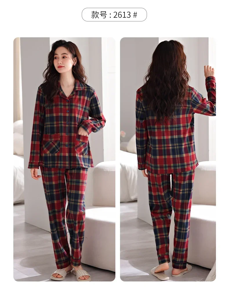 2024 Autumn Plus Size Long Sleeve Casual Plaid 100% Cotton Pajama Sets For Women Korean Loose Sleepwear Pyjamas Homewear Clothes