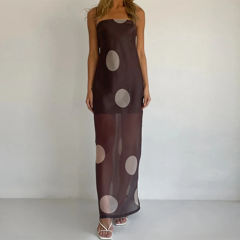 Robe longue à pois pour femme, bretelles spaghetti, maille transparente, robe longue sexy sans manches, dos nu, robes d'été élégantes pour femmes