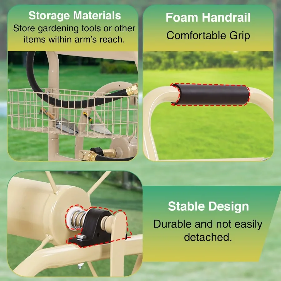 頑丈なガーデンホースリールカート、屋外植栽や芝生の水やりに、300フィート容量、スチール製、4輪収納