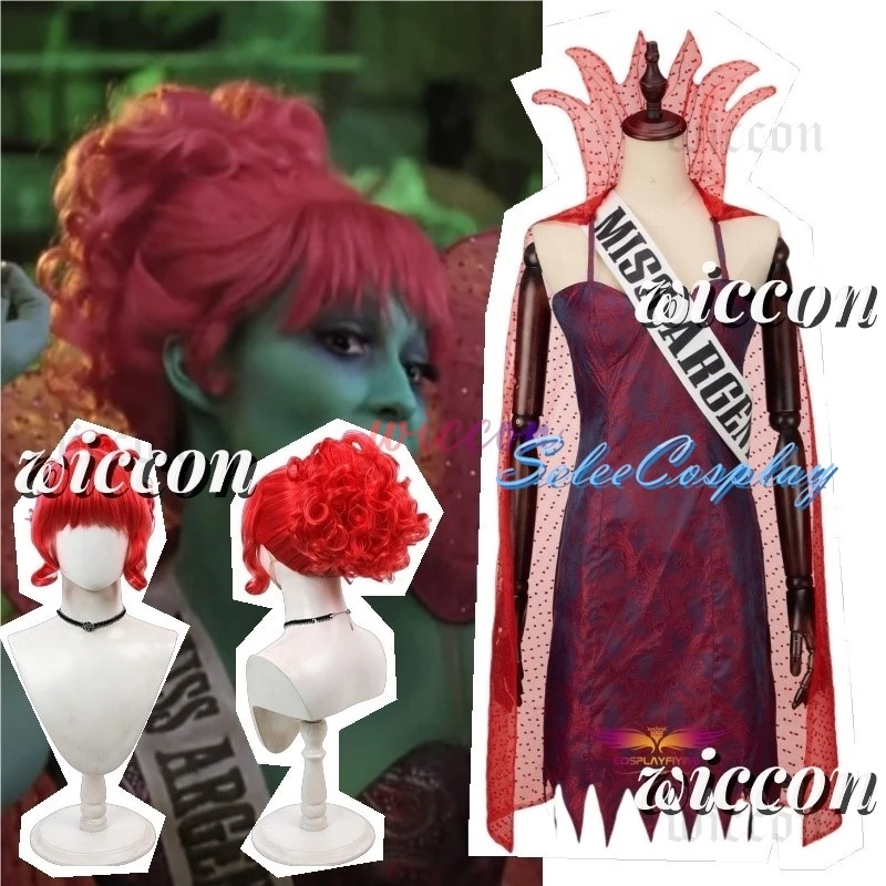 Movie Juice2Beetle Miss Argentina Cosplay Costumes Red Dress Suit Red Curly Wig Halloween Costumes For Women