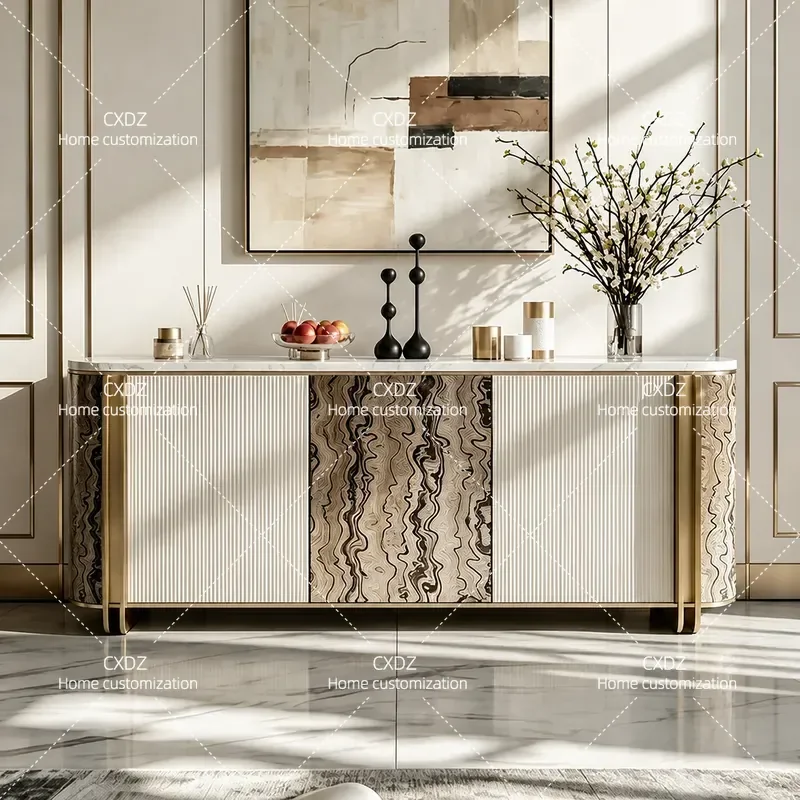 Modern Luxury Marble Dining Side Cabinet Living Room Porch Storage Unit High End Burl Wood Locker for Villa Home Decor