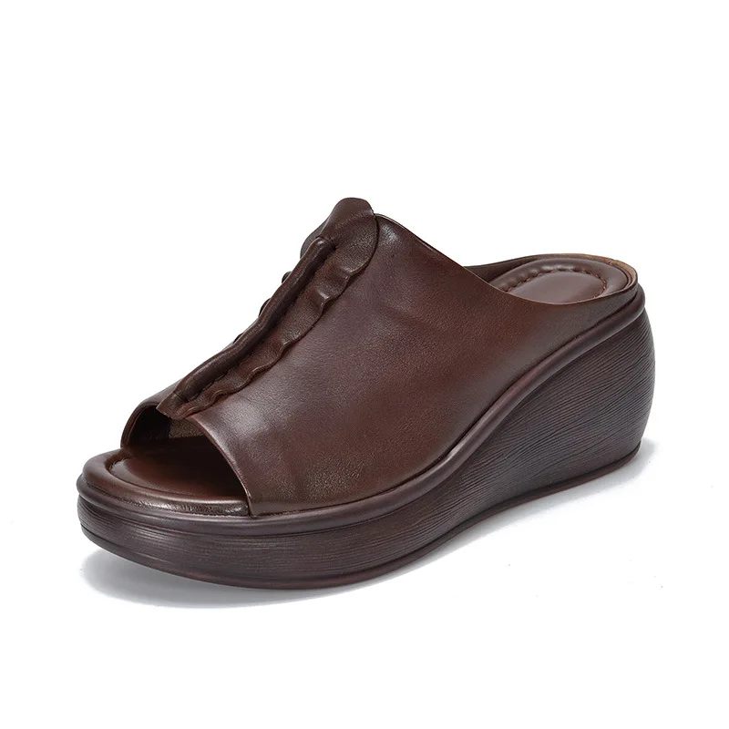 

Летние ботильоны из коровьей кожи с открытым носком 7 см, женские сандалии, модные туфли-лодочки на танкетке на платформе, туфли на плоской подошве, тапочки