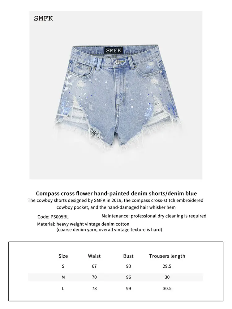 SMFK Hand-painted Tassel Hole Denim Shorts Women's High Waist Short Jeans Speckle Ink Cross Flower Summer Female Casual Short