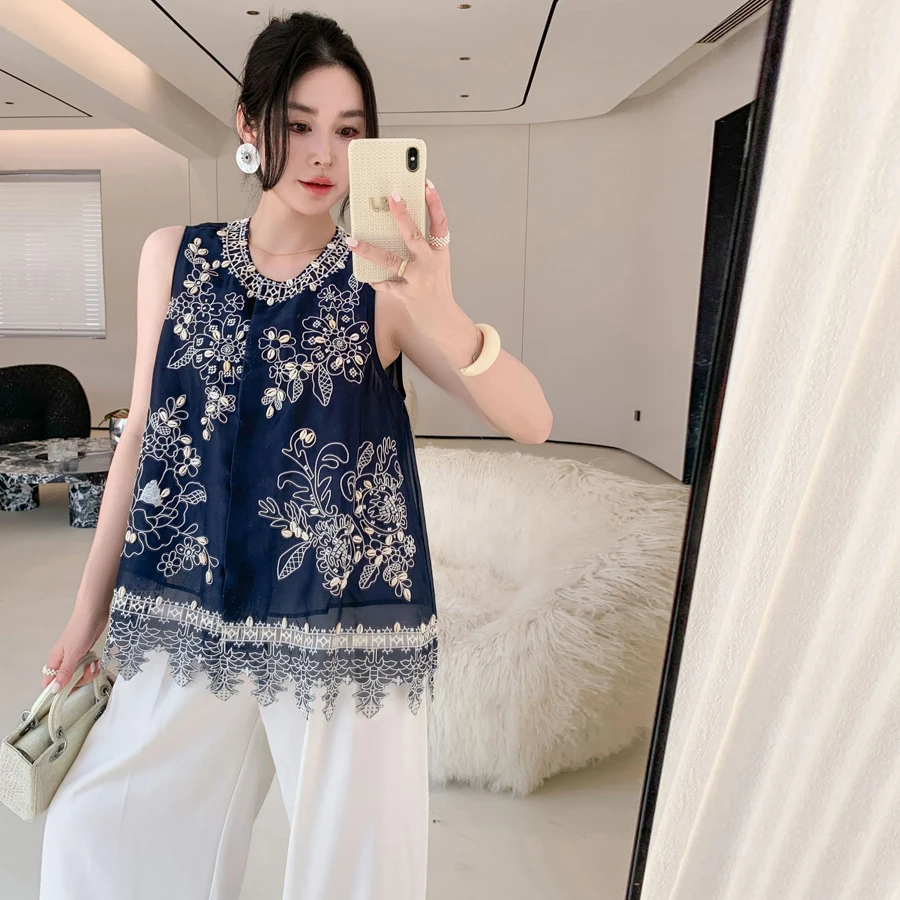 

Luxury Embroidered Silk Organza Vest Fashion Sleeveless Vintage Dark Blue Women's Shirt