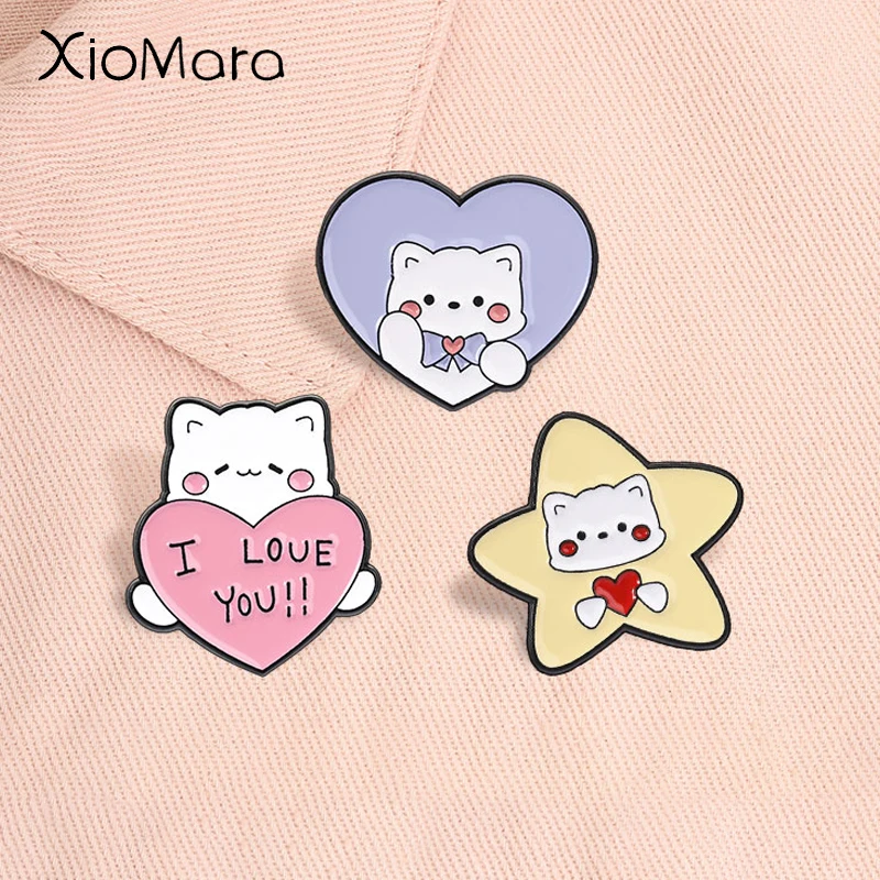 Broches en émail Chat de dessin animé Cœur rose, Chat 'Je t'aime', Chaton romantique, Broche animale, Badge de revers, Bijou, Cadeau pour ami