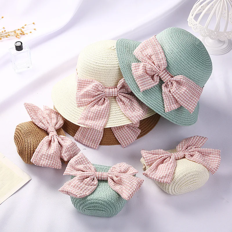 Children Straw Hat Bag Summer Beach Sunscreen Bucket Cap Colorful Flower Bowtie Bag Straw Hat Breathable For Baby Panama Caps