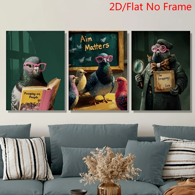 （Noframe 3PCS)-2D Flat, 2D Flat, 2D/FLAT 3pcs Fun Pigeon Canvas Art Prints, 